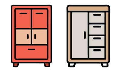 Wardrobe Icon Set with Modern Designs, A pair of wardrobe vector icons showcasing colorful, modern storage solutions with cabinets and drawers, perfect for bedroom or furniture projects.  
