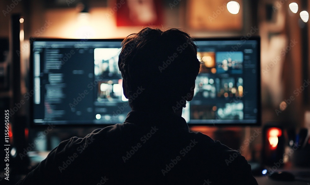 Poster a person sitting in front of a computer screen, engaged in work or study.