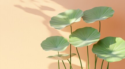 Obraz premium Soft light illuminates lush green lotus leaves against a peach background.