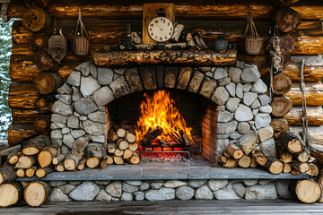 Rustic stone fireplace with burning wood, logs, and vintage clock in a cozy log cabin setting. Perfect for autumn, winter, or holiday themes.