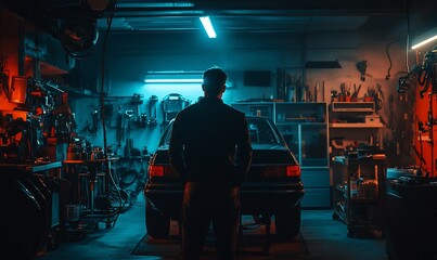 A person stands in a dimly lit garage, gazing at a parked car surrounded by tools.