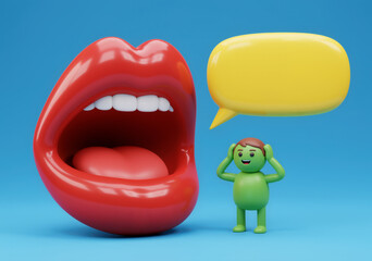 Relationship issues of glossy red lips complaining loudly with a green male character holding his ears to block the noise - isolated on blue 3D cartoon
