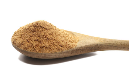 Red maca organic powder pile in wooden spoon isolated on white, side view