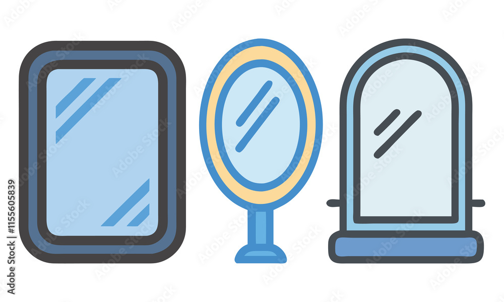Poster mirror icon set with different shapes, a collection of three vector icons featuring mirrors in recta