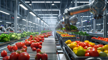 bustling food processing factory with robotic assembly lines and fresh produce