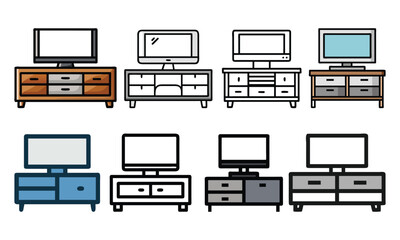 TV Stand and Media Console Icon Set, A set of eight vector icons showcasing TV stands and media consoles in colorful and outline styles, ideal for furniture and entertainment setups.  
