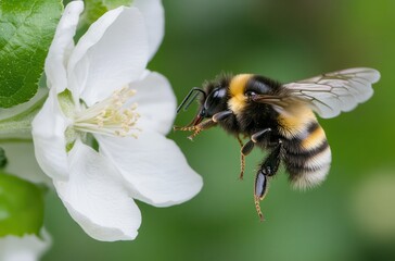 Close-Up View of Bumblebee in Flight Approaching Beautiful White Blossom in Garden, Capturing Nature's Intricate Details and Vibrant Colors in Springtime