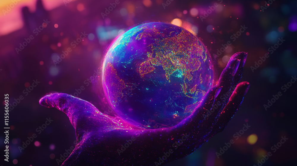 Poster handheld universe: explore the holographic rendition of a world in your hands with this vector illus