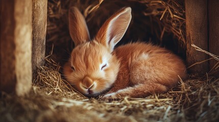 Fototapeta premium Adorable orange bunny rabbit sleeping peacefully in hay-filled wooden hutch.
