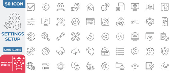 Settings Setup Icon Collection Set. Containing Operation, gear, processing, tools, and more. Editable Stroke Outline.
