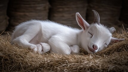 Fototapeta premium Adorable white baby goat sleeping peacefully on hay.