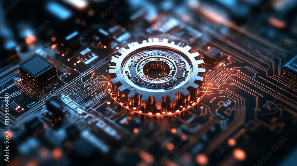 Poster circuit board in the form of gears. microchip gears background. high- tech vector illustration of a 