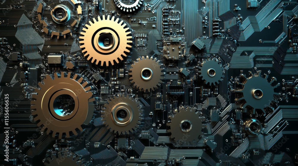 Poster circuit board in the form of gears. microchip gears background. high- tech vector illustration of a 