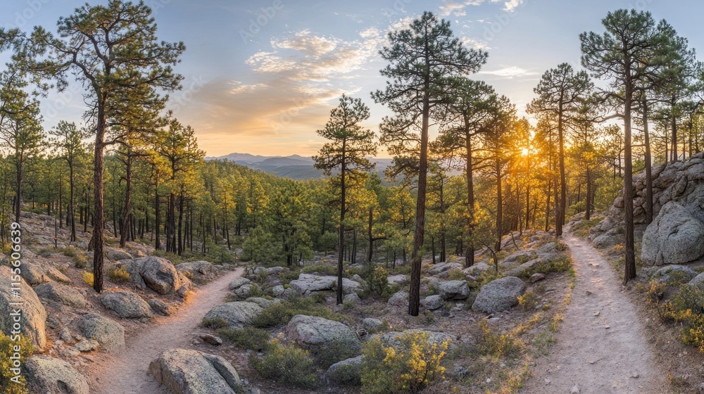 Poster sunset view of a forest trail splitting into two paths among rocks and pine trees.