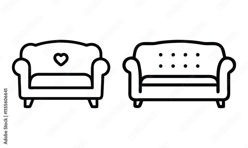 Poster outline sofa icons with heart and button designs, a pair of outline sofa icons featuring heart and b