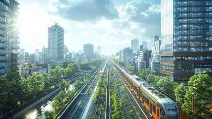 Urban Train Journey: A Modern Cityscape with Lush Greenery