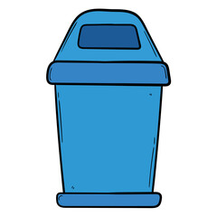 Hand drawn cartoon blue trash can on white background.