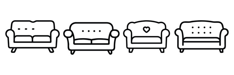 Outline Sofa Icon Set with Decorative Designs, A collection of four outline sofa icons featuring minimalist and decorative patterns, perfect for furniture, interior, and home decor themes.  
