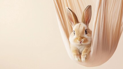 Obraz premium Cute bunny rabbit resting in a soft peach-colored hammock.