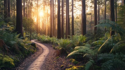Fototapeta premium Sunlit path winding through lush forest with tall trees and ferns at sunset.