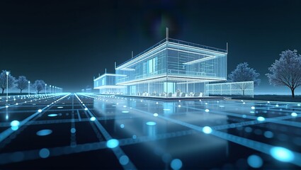 Glowing lines form a futuristic building blueprint, showcasing visualization of innovative architectural design and cutting-edge technology