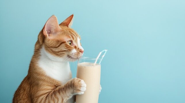 Orange tabby cat enjoying a milkshake through a straw against a light blue background.