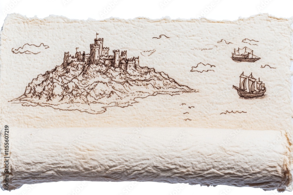 Aufkleber A simple 2D illustration of a scroll being unrolled, revealing a timeline with tiny drawings of famous historical events like castles, ships, and crowns, on a white background