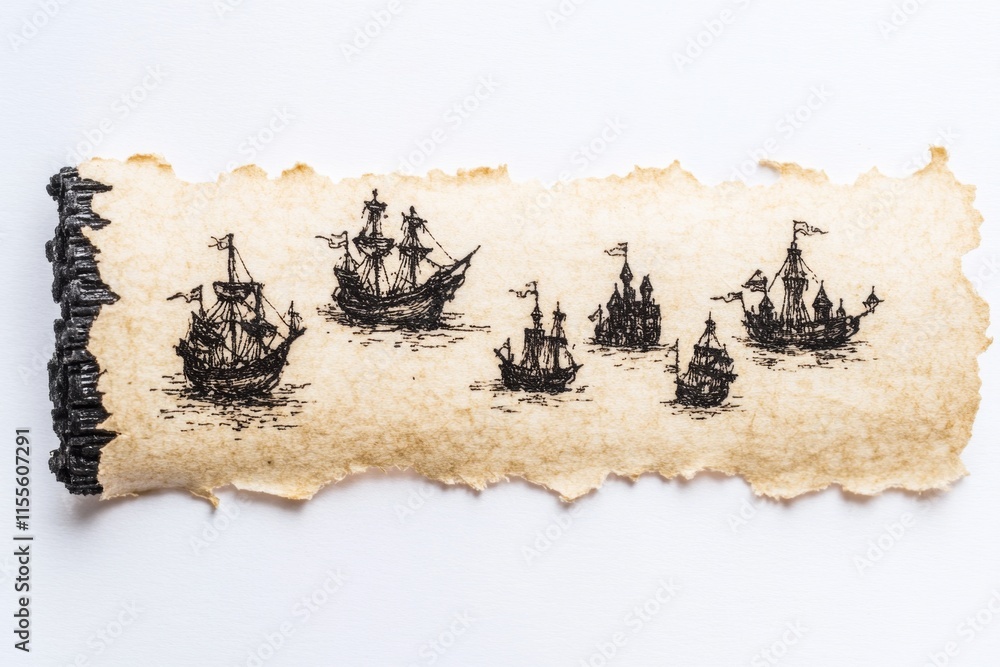 Aufkleber A simple 2D illustration of a scroll being unrolled, revealing a timeline with tiny drawings of famous historical events like castles, ships, and crowns, on a white background