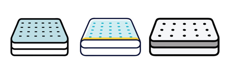 Mattress Icon Set with Layered Designs, A set of three mattress vector icons showcasing layered designs and patterns, perfect for bedding, sleep, and home furnishing themes.  
