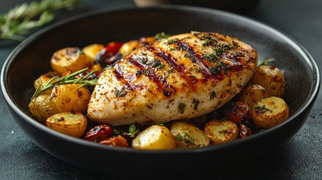 Grilled chicken breast with roasted vegetables on a rustic plate