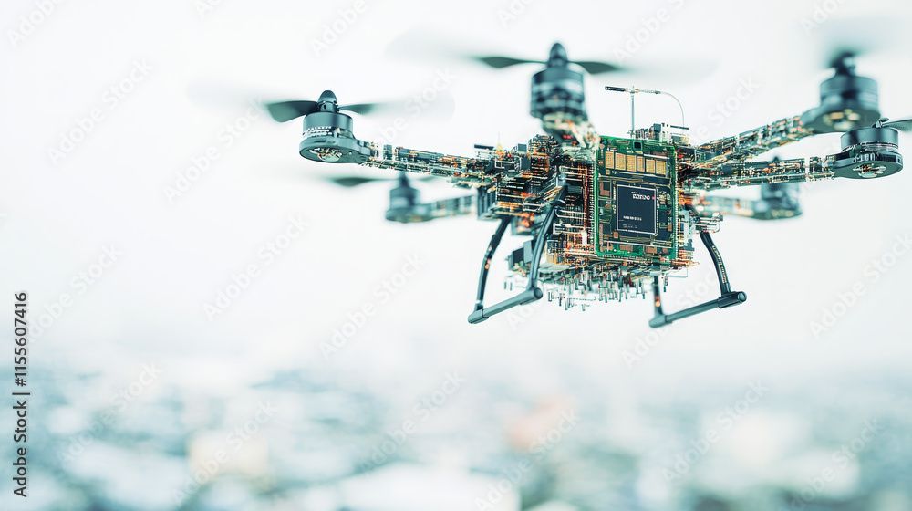 Poster circuit board in the form of a drone. microchip drone background. high- tech vector illustration of 