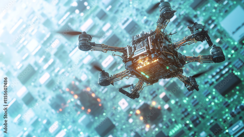 Poster circuit board in the form of a drone. microchip drone background. high- tech vector illustration of 