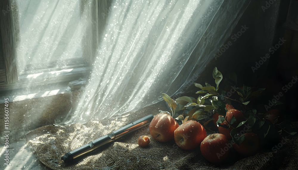 Aufkleber sunlit apples and a vintage object rest on burlap near a sheer window curtain, creating a rustic, at