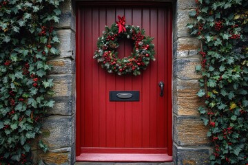 A charming front door with a festive wreath is framed by ivy-covered stone walls, creating a warm welcome