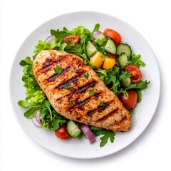 A transparent background featuring a plate of grilled chicken accompanied by salad. Stock image.