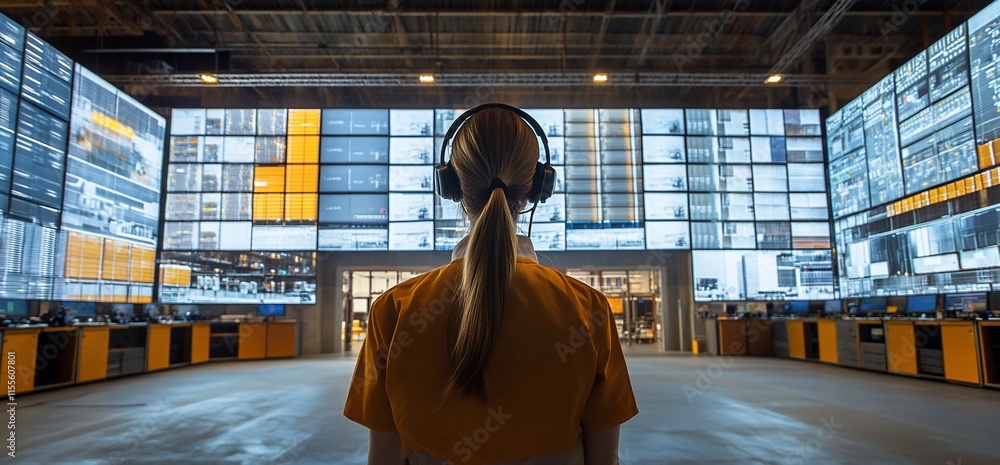 Poster a person with headphones stands in front of large screens displaying data.