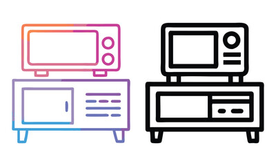 Microwave and Cabinet Icon Set in Gradient and Outline, A pair of vector icons featuring a microwave atop a cabinet in gradient and outline styles, perfect for kitchen and appliance visuals.
