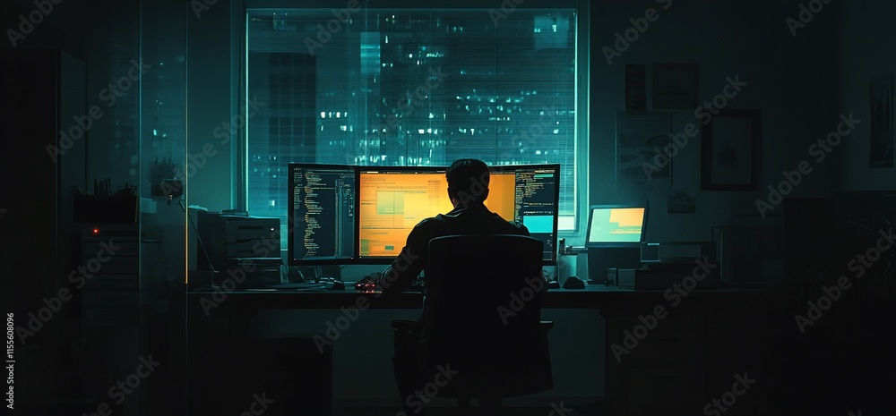 Poster a person working late at a computer in a dimly lit office with city views.