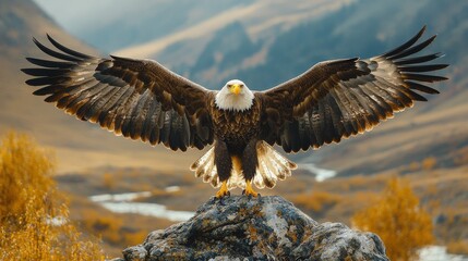 Majestic bald eagle perched on a rock with wings spread wide in a mountainous landscape