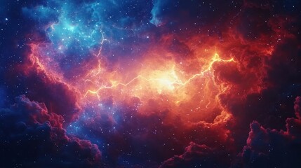 Fototapeta premium Cosmic nebula explosion with vibrant colors and lightning bolts.