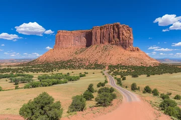 A stunning highway stretching into the horizon, surrounded by desert landscapes under a bright blue sky