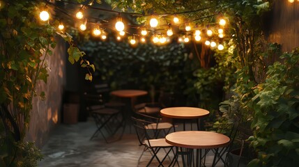 Fototapeta premium Charming outdoor cafe with warm lights and lush greenery at dusk.