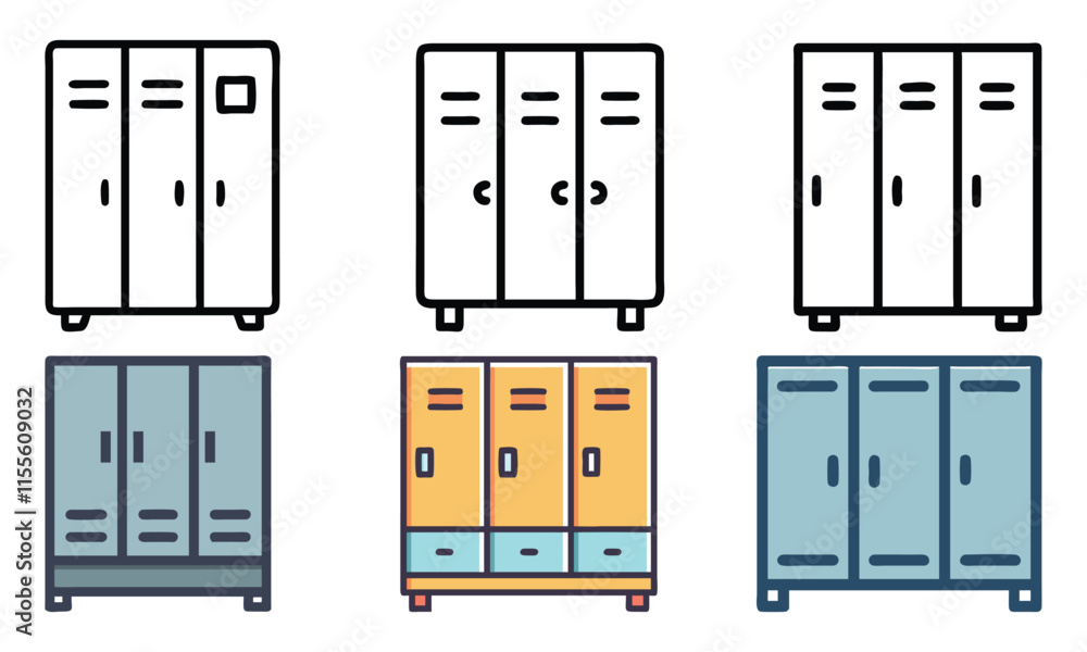 Aufkleber locker storage icon set in multiple styles, a set of six locker storage icons in colorful and outlin