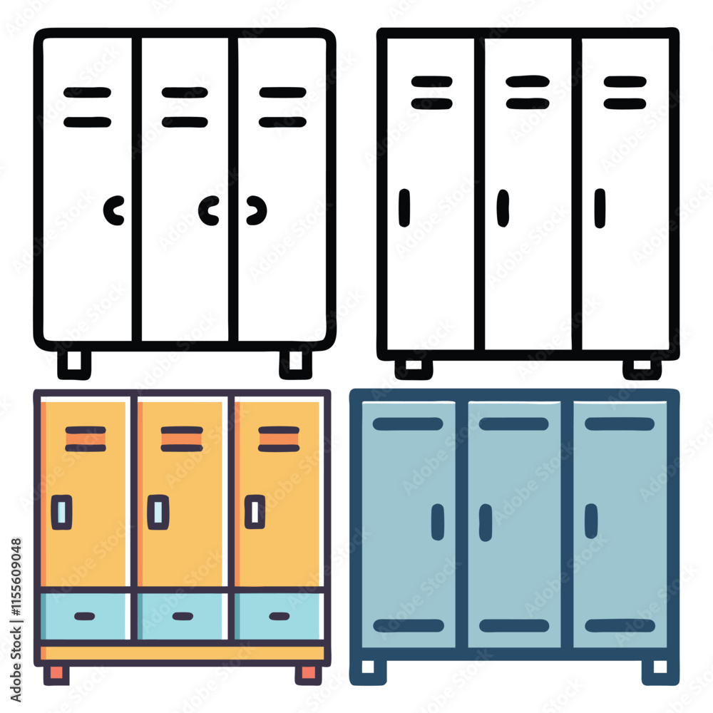 Poster locker storage icon set in color and outline, a collection of four locker storage icons in both colo