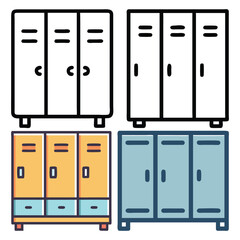 Locker Storage Icon Set in Color and Outline, A collection of four locker storage icons in both colorful and outline styles, ideal for school, gym, office, and organizational visuals.
