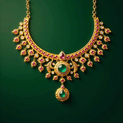 Elegant traditional gold jewelry with intricate designs and embedded gemstones on a green background. new image 