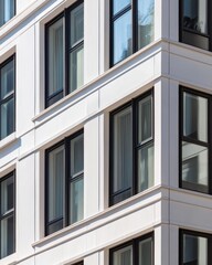 Modern white building exterior with black windows.