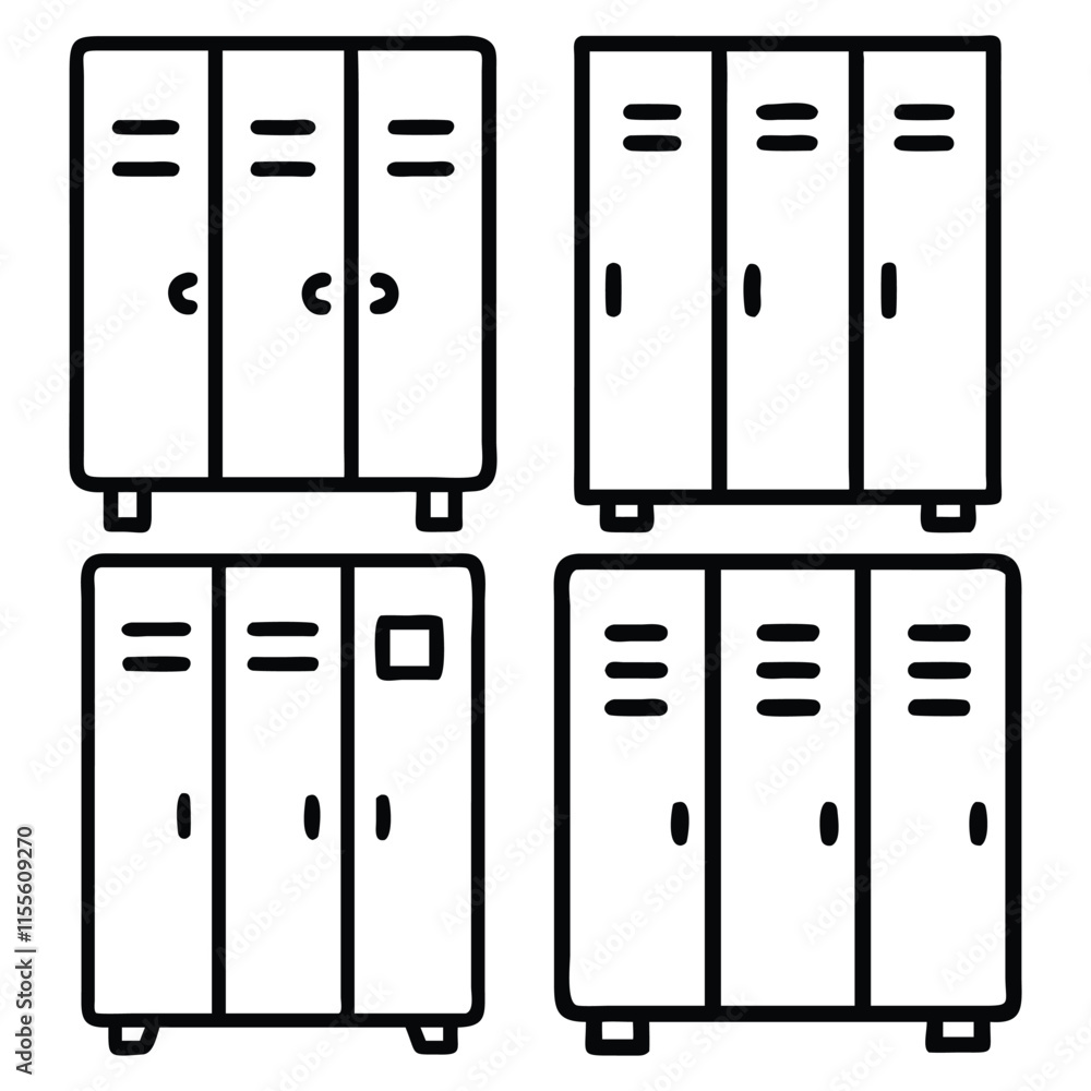 Poster locker storage outline icon set, a collection of four outline vector icons featuring locker storage 