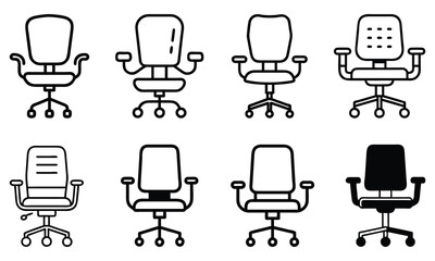 Office Chair Icon Set in Outline Style, A set of eight outline vector icons of office chairs featuring various designs and styles, ideal for workplace or furniture themes.
