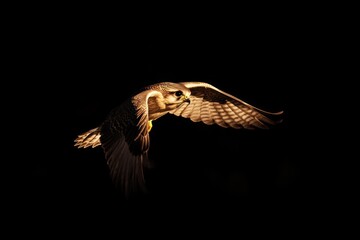 Fototapeta premium A peregrine falcon in flight against a black background, illuminated by a light source.